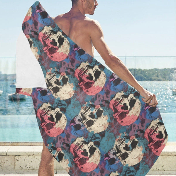 Introducing the stunning Blue Pink White Skulls Beach Towel - perfect for beach days and poolside lounging!