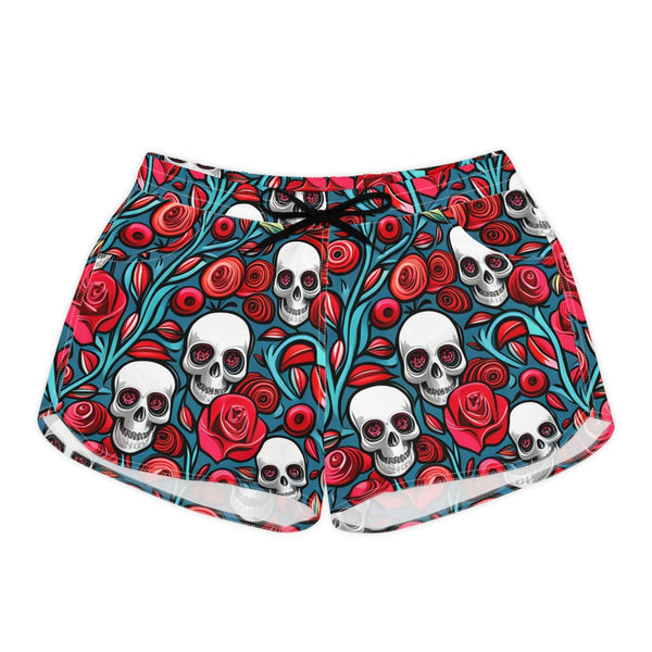 Women's Red Roses White Skulls Casual Shorts