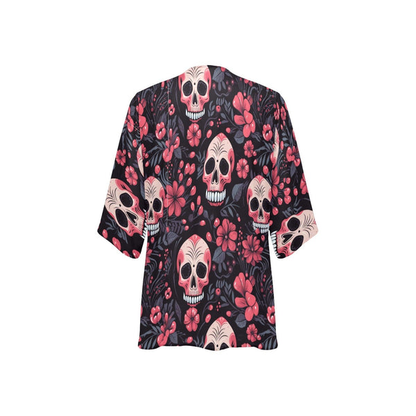 Women's Pink Floral Skulls Kimono Chiffon Light Jacket