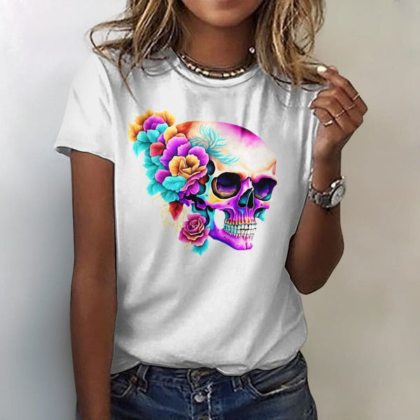 Women's Skull Flowers Shorts Sleeve T-Shirt