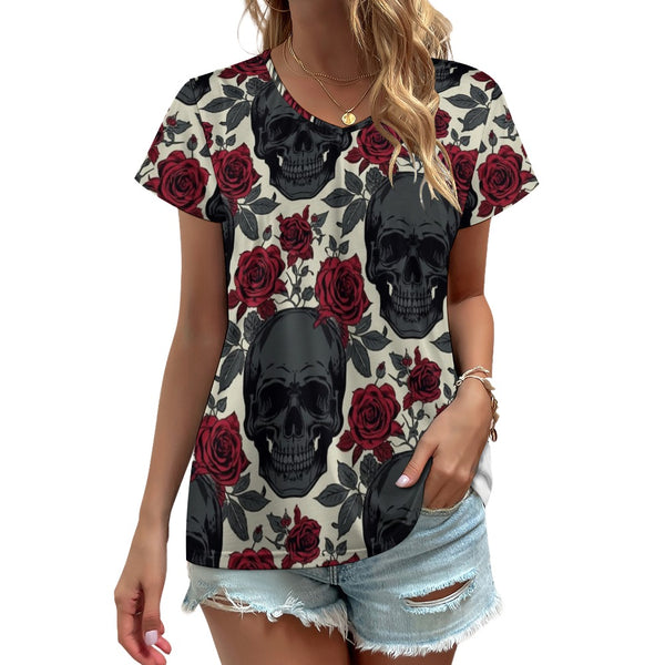 Women's Dark Skull with Red Roses V-Neck T-Shirt - Everything Skull Clothing Merchandise and Accessories