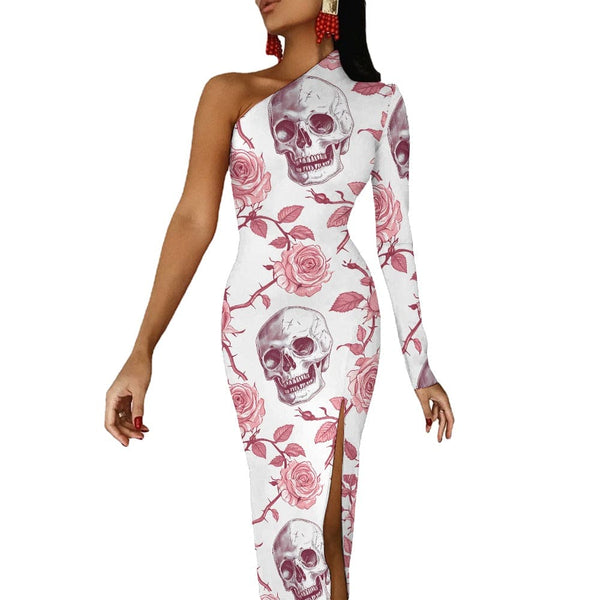 Women's Pink Roses Skulls Half Sleeve Slit Dress