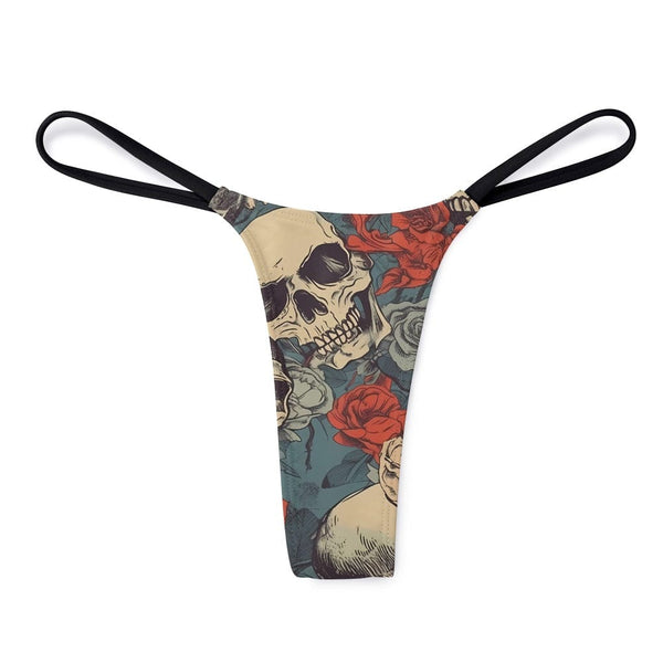 Ladies Skull Red Floral Thin Thong