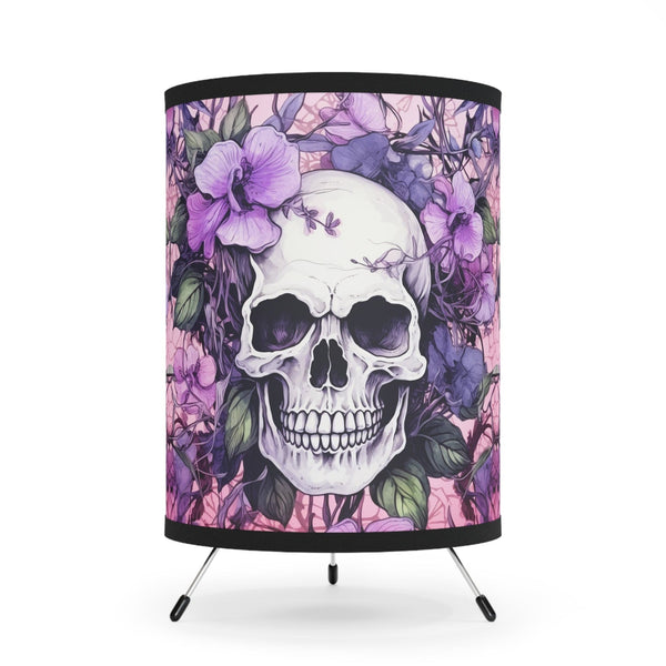 Skull &amp; Purple Florals Tripod Lamp – Gothic Decorative Table Lamp with Printed Shade