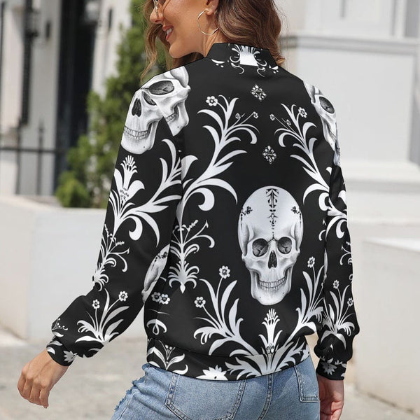 Women's Skulls On Black White Pattern Long Sleeve Zipper Jacket