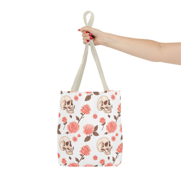 Experience The Power of Our Skull and Pink Roses Tote Bag! Available In 3 Sizes And 5 Stunning Colors