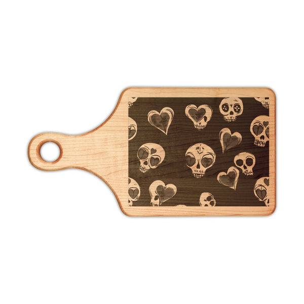 Engraved Skull & Hearts Wooden Cutting Board — Rustic Charcuterie Board
