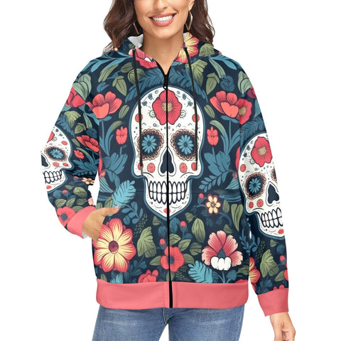 Blue Red Floral Skulls Women's Zip Up Hoodie