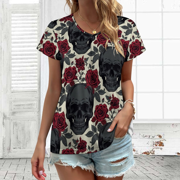 Women's Dark Skull with Red Roses V-Neck T-Shirt