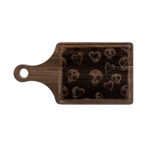 Engraved Skull & Hearts Wooden Cutting Board — Rustic Charcuterie Board