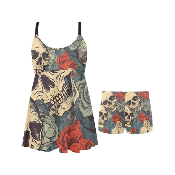 Women's Skull Red Floral Chest Pleat Swim Dress & Shorts
