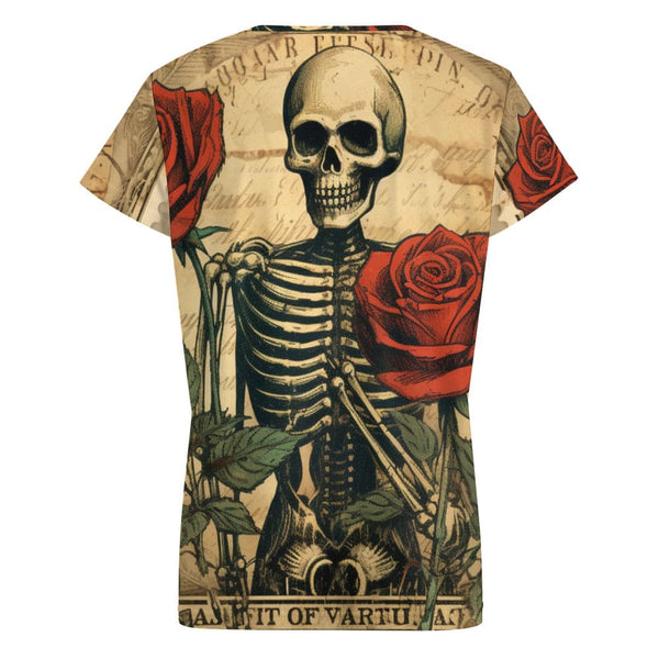 Vintage Skull & Roses V-neck Short Sleeve T-shirt