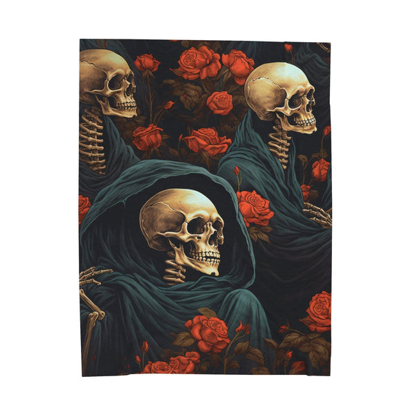 Three Skulls With Red Roses Velveteen Plush Blanket