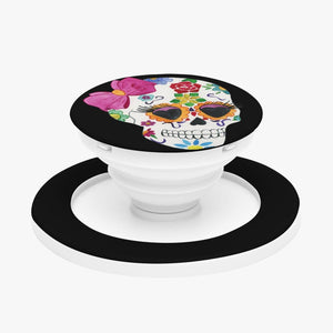 Sugar Skull With Bow Magnetic Collapsible Grip And Stand Black or White
