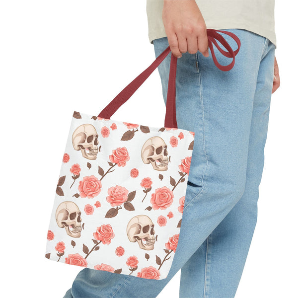 Experience The Power of Our Skull and Pink Roses Tote Bag! Available In 3 Sizes And 5 Stunning Colors