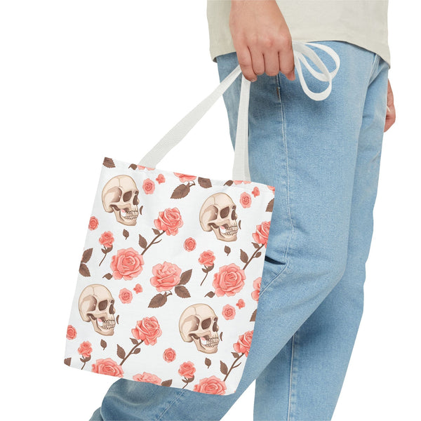 Experience The Power of Our Skull and Pink Roses Tote Bag! Available In 3 Sizes And 5 Stunning Colors