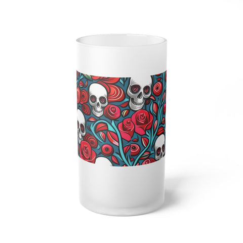 Skulls And Red Roses Frosted Glass Beer Mug