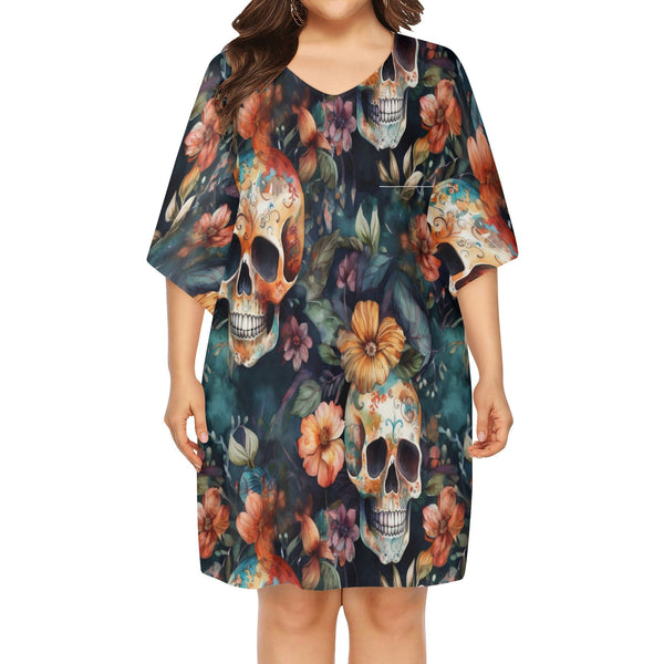 Womens Skull Brown Floral Plus Size Loose Dress