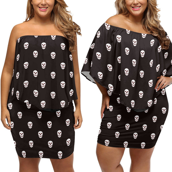 Womens White Skulls With Heart Eyes Off-the-shoulder Tube Dress