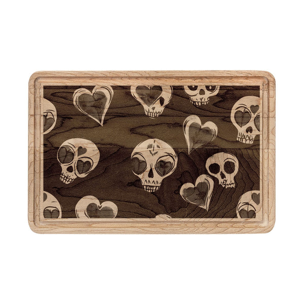 Engraved Skull & Hearts Wooden Cutting Board — Rustic Charcuterie Board