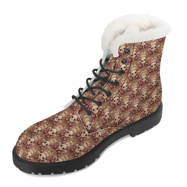Womens Skulls Floral Faux Fur Leather Boots
