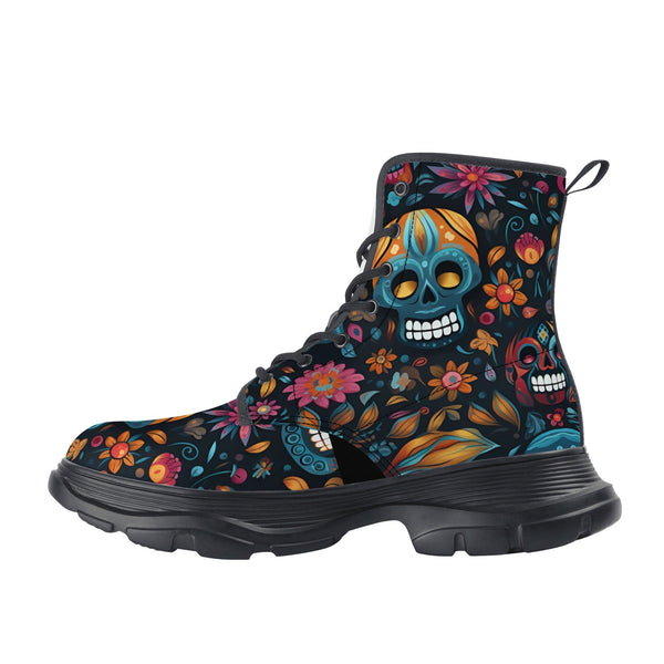 Womens Coloful Sugar Skulls Leather Chunky Boots