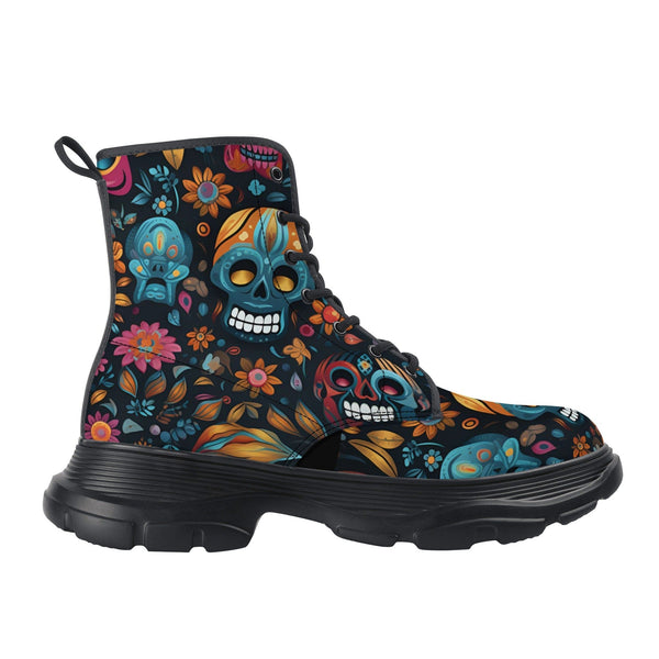 Womens Coloful Sugar Skulls Leather Chunky Boots