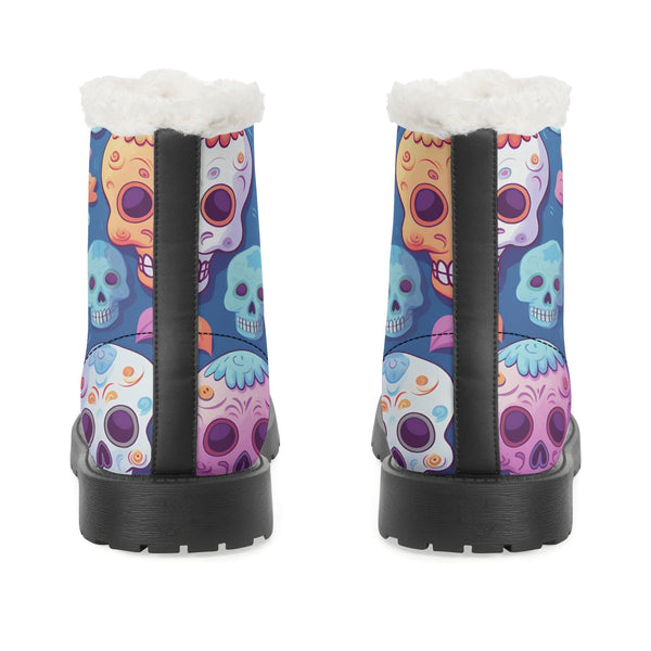 Womens Colorful Skulls Faux Fur Leather Boots
