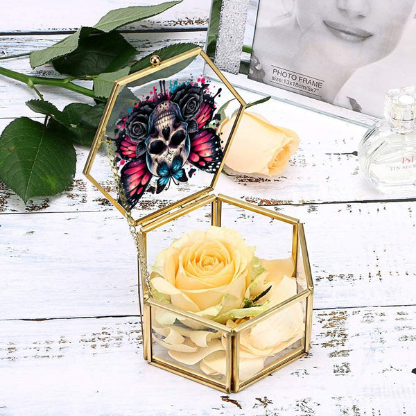 Gothic Butterfly Skulls Hexagon Glass Jewelry Box