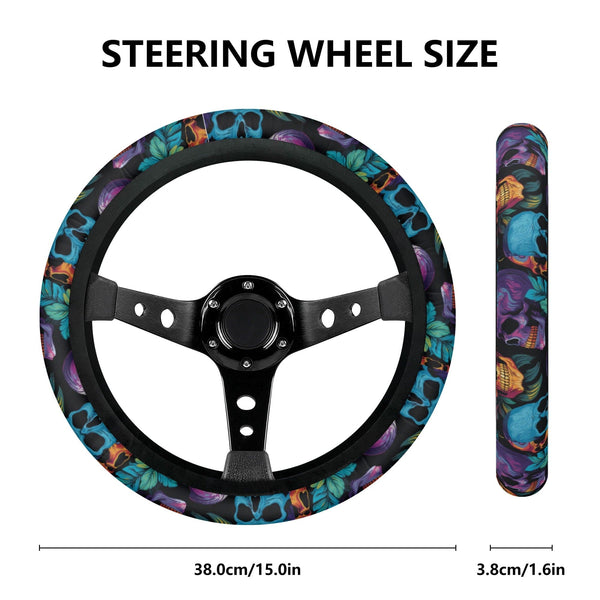 Blue Skulls Purple Floral Car Steering Wheel Cover