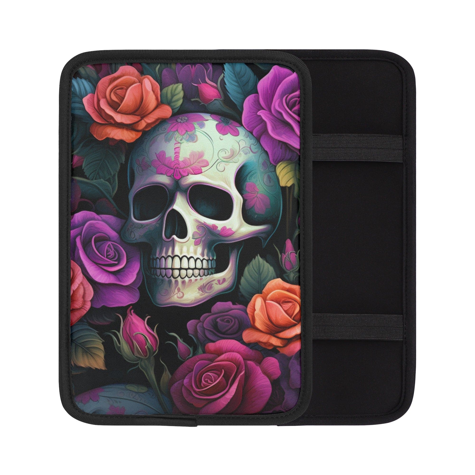 Skull With Vibrant Color Flowers Car Armrest Cover