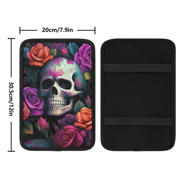 Skull With Vibrant Color Flowers Car Armrest Cover