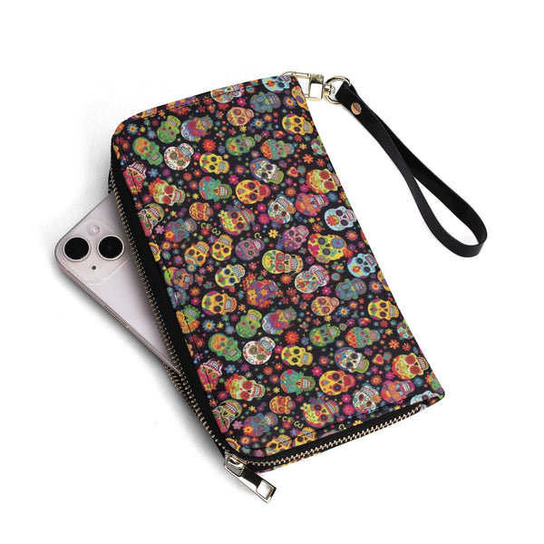 Lots of Colorful Skulls Large Long Wallet With Handle