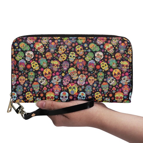 Lots of Colorful Skulls Large Long Wallet With Handle