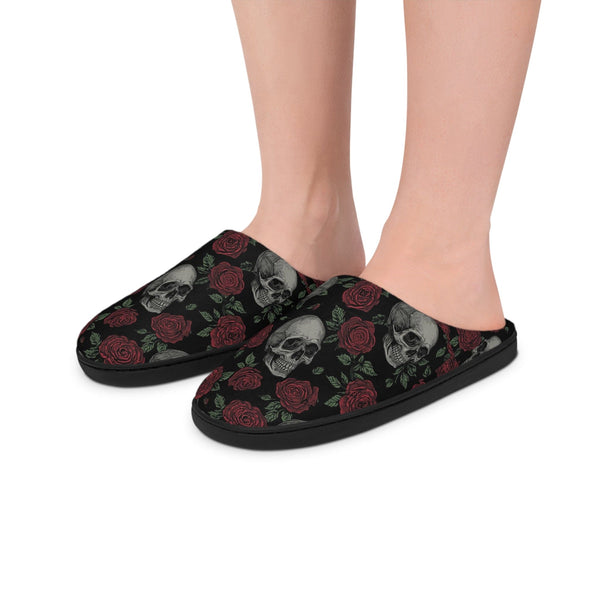 Skull & Rose Women's Indoor Slippers — Gothic Floral Cozy