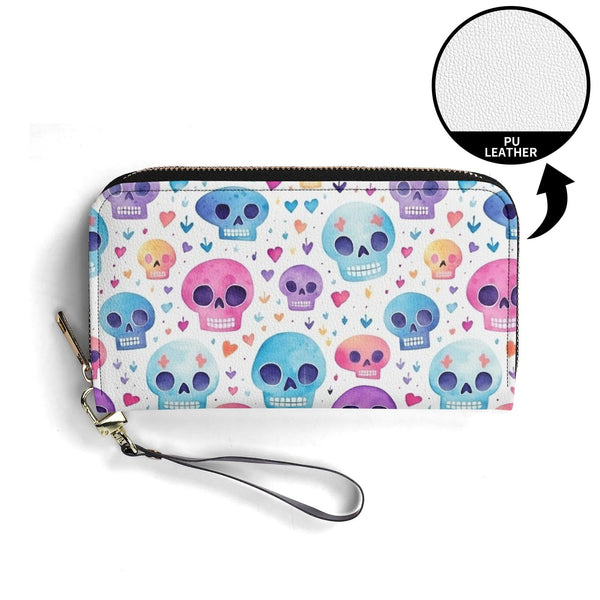 Pastel Pink, Blue Purple Skulls Large Long Wallet With Handle
