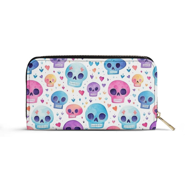 Pastel Pink, Blue Purple Skulls Large Long Wallet With Handle