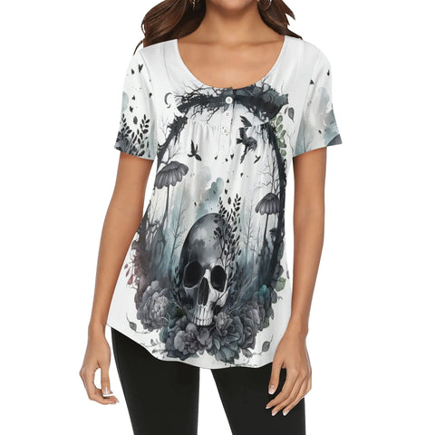 Women's Mystery Skull Floral Scoop Neck Short Sleeve Loose Blouse