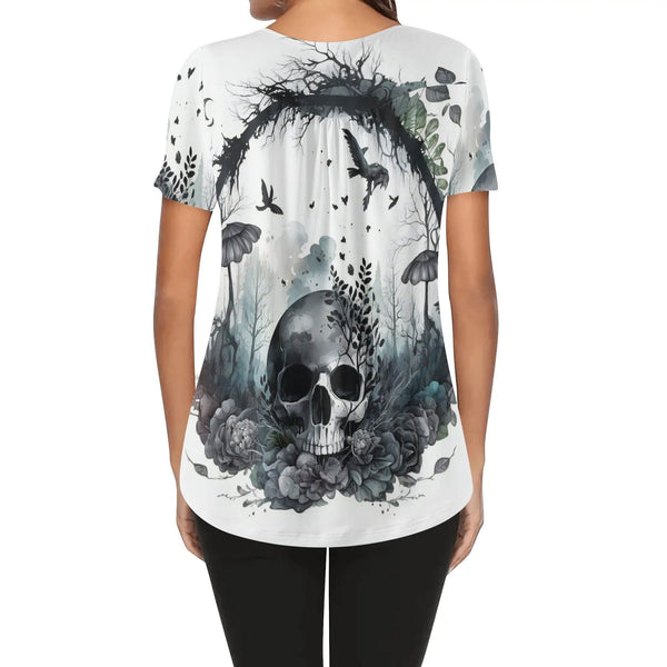 Womens Mystery Skull Floral Scoop Neck Short Sleeve Loose Blouse