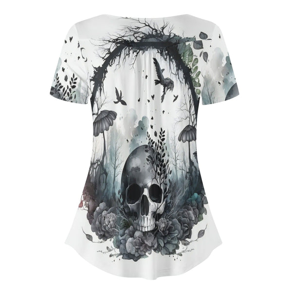 Womens Mystery Skull Floral Scoop Neck Short Sleeve Loose Blouse