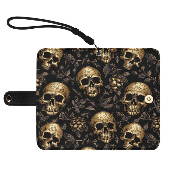 Get The Stylish Gold Skulls Black Phone Flip Case Cover For Your Mobile Phone Now!