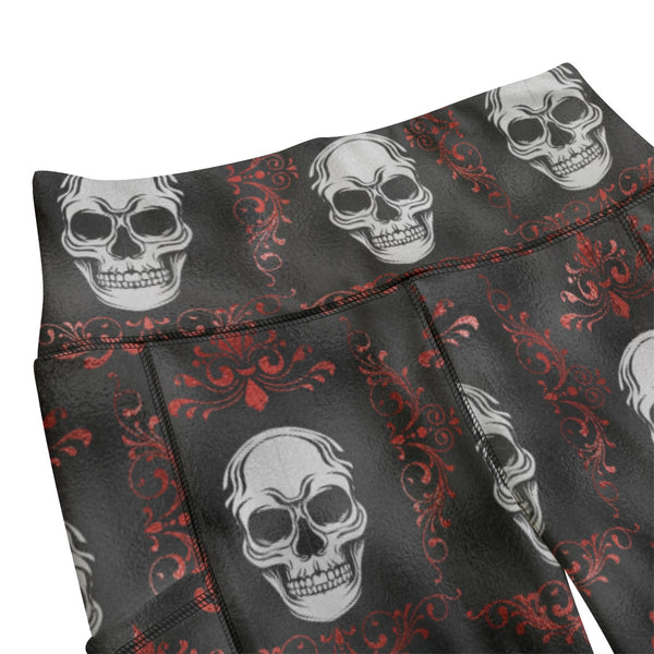 Women's White Skulls Red Floral Yoga Leggings With Side Pockets