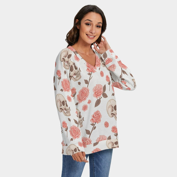 Women's Skulls & Pink Roses V-neck Sweater With Long Sleeve