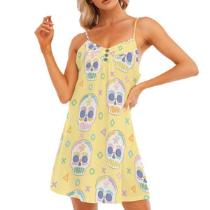 Womem's Yellow Skulls Print V-neck Sleeveless Cami Dress