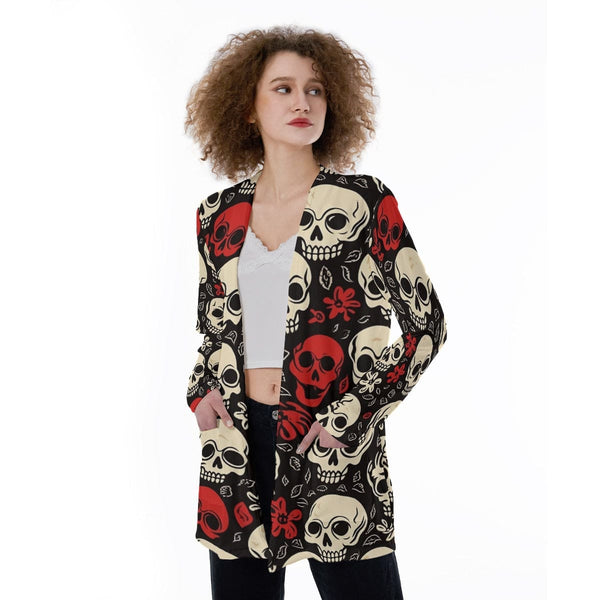 Women's Red White Skulls Sweater With Pocket