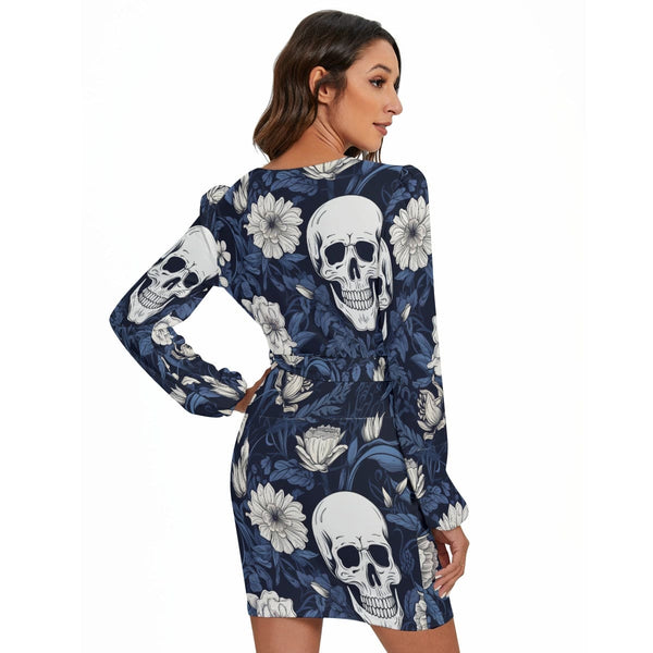 Women's Blue Floral Skulls V-Neck Long Sleeve Dress With Waist Belt