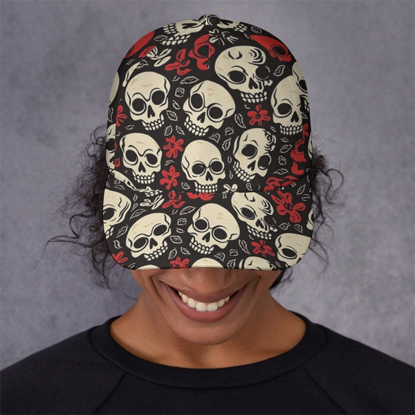Red And White Skulls With Red Flowers Peaked Cap
