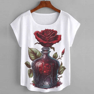 Women's Gothic Red Rose Curved Hem Shorts Sleeve T-shirt
