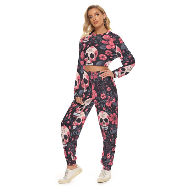 Add Some Flair to Your Wardrobe With Our Women's Skulls & Pink Flower Crop Sweatshirt Set.