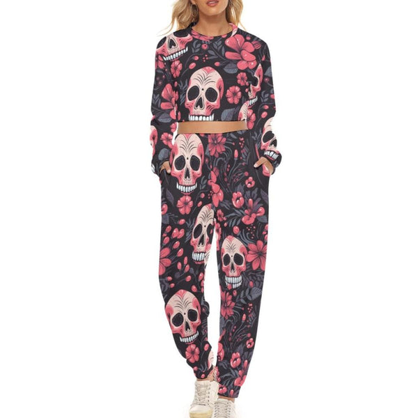 Add Some Flair to Your Wardrobe With Our Women's Skulls & Pink Flower Crop Sweatshirt Set.